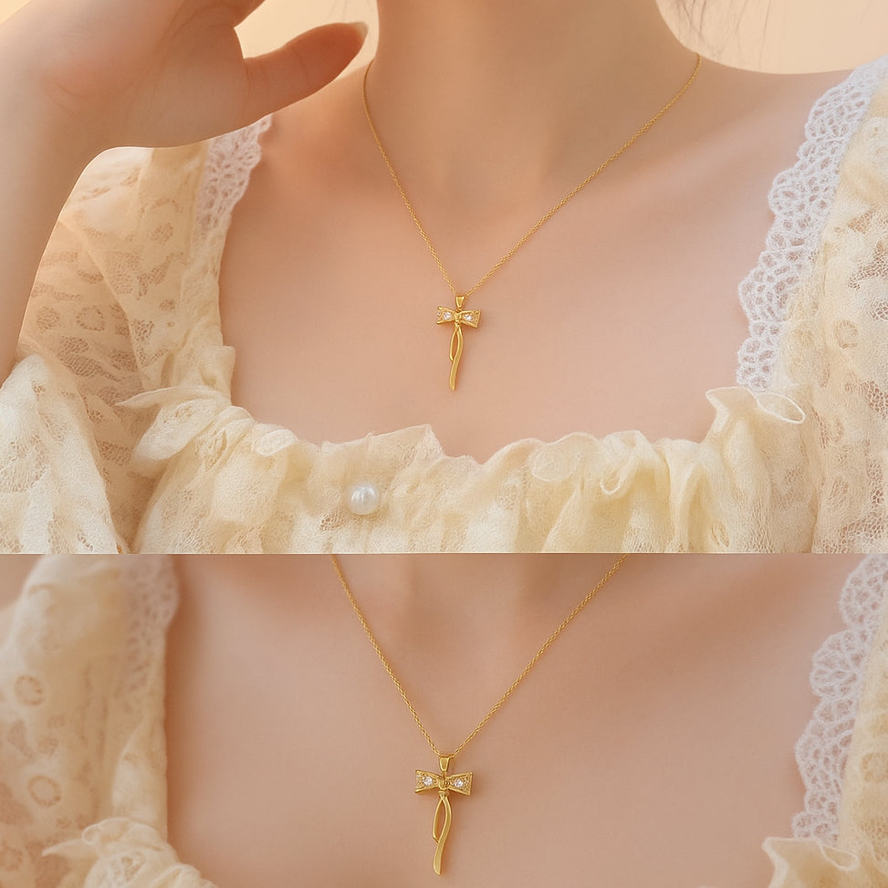 Golden Bow Necklace – Graceful Sparkle with Timeless Charm